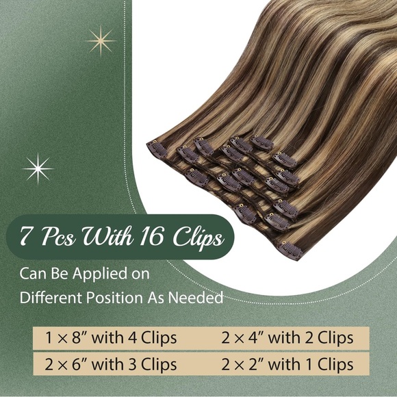 HUMAN HAIR Clip in Hair Dark Brown Mix Caramel Brown Extensions Full Head 16inch - Picture 3 of 13